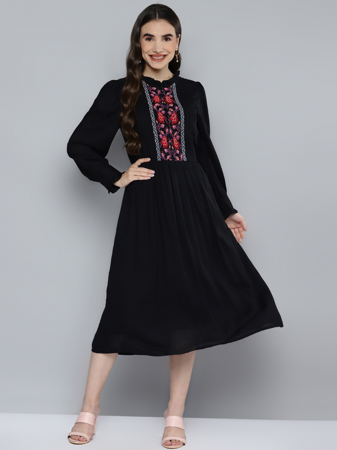SCOUP Black Embroidered Yoke Design Ruffle A-Line Midi Dress