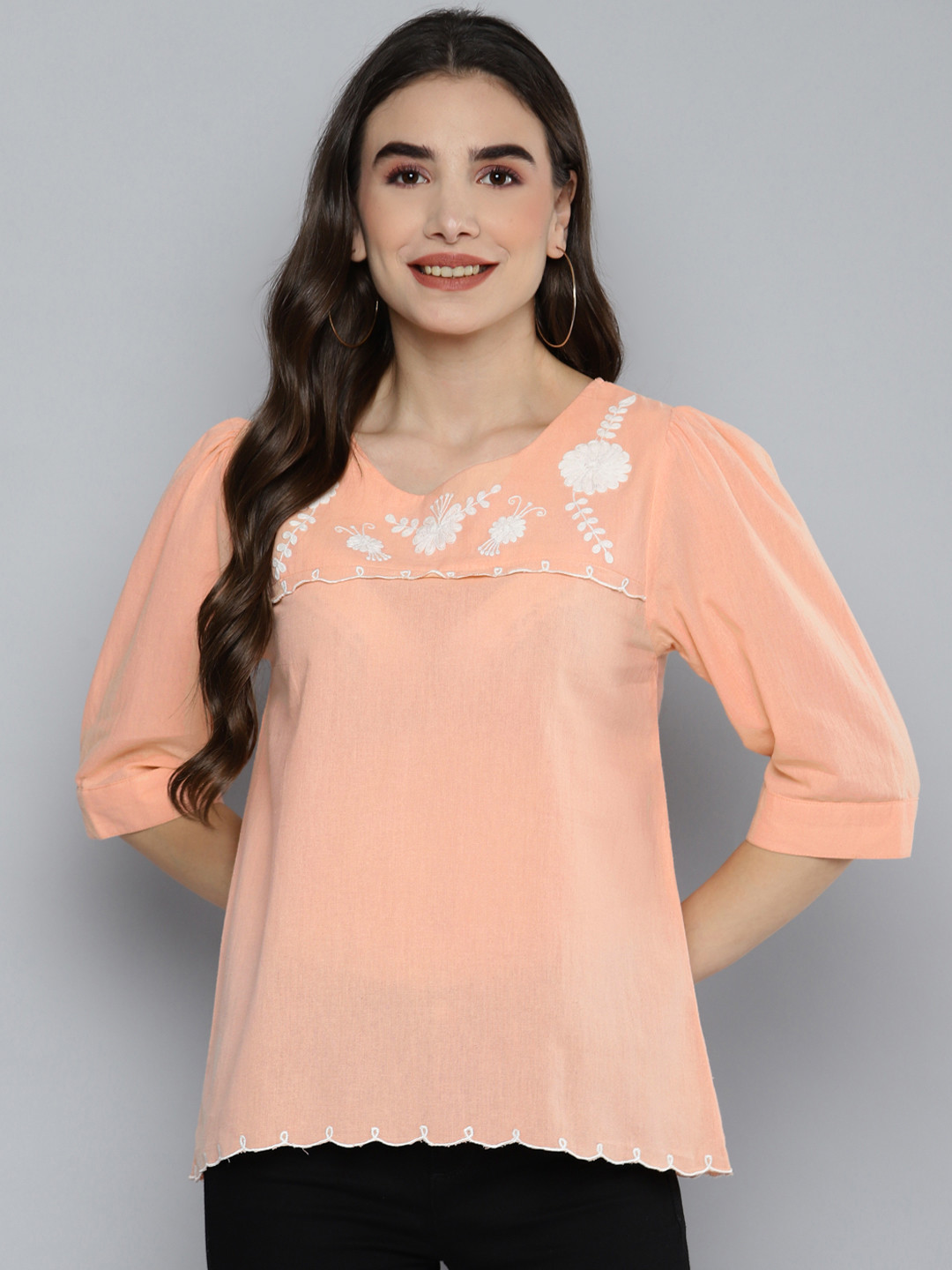 SCOUP Peach-Coloured & White Pure Cotton Floral Embroidered Top