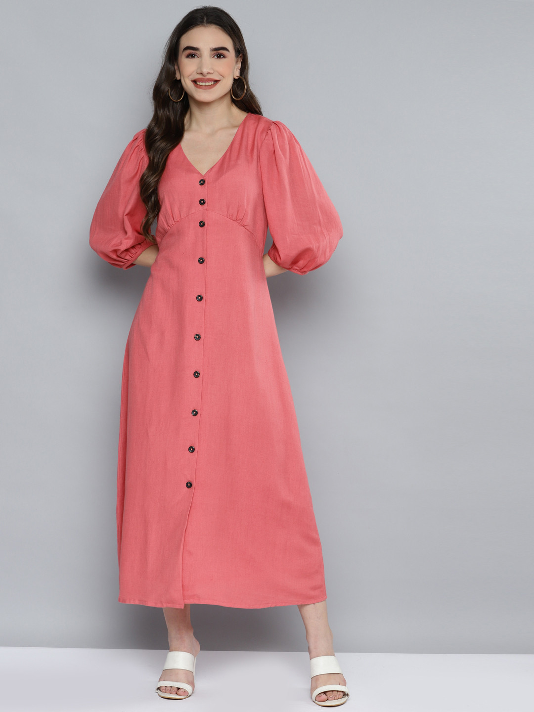 SCOUP Pink Solid Linen Blend A-Line Maxi Dress