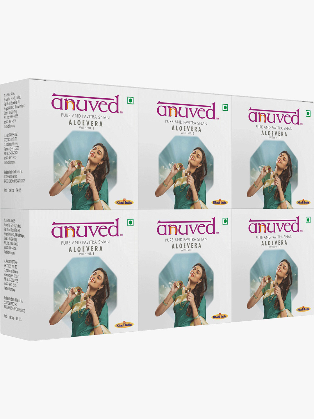 Anuved Set of 6 Herbal Aloe Vera Soaps with Vitamin E to Heal Skin Allergies - 125 g Each