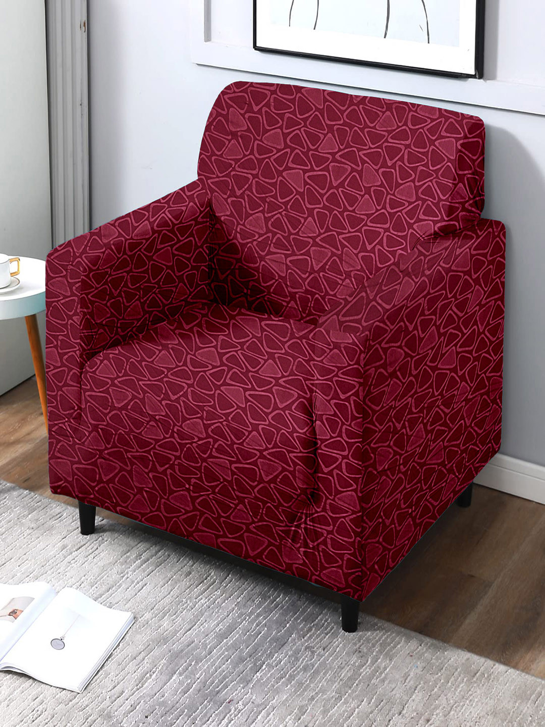 Cortina Maroon Printed Stretchable Non-Slip 1-Seater Sofa Covers