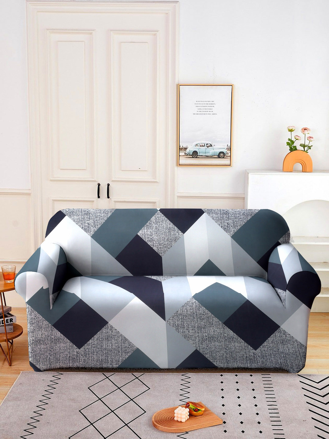 Cortina Black & Grey Geometric 2-Seater Printed Sofa Cover