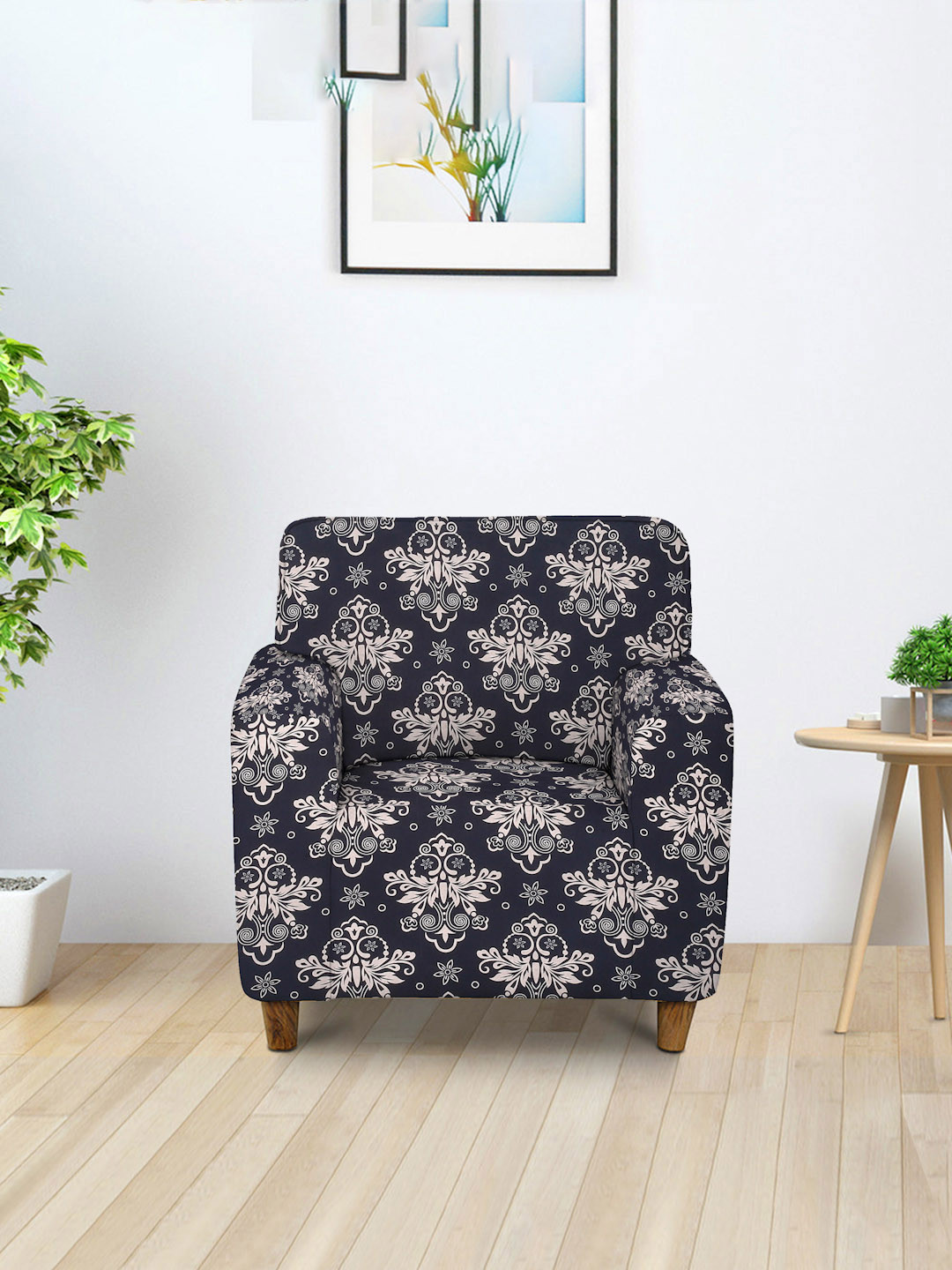 Cortina Black Printed Stretchable Non-Slip Single Seater Sofa Cover