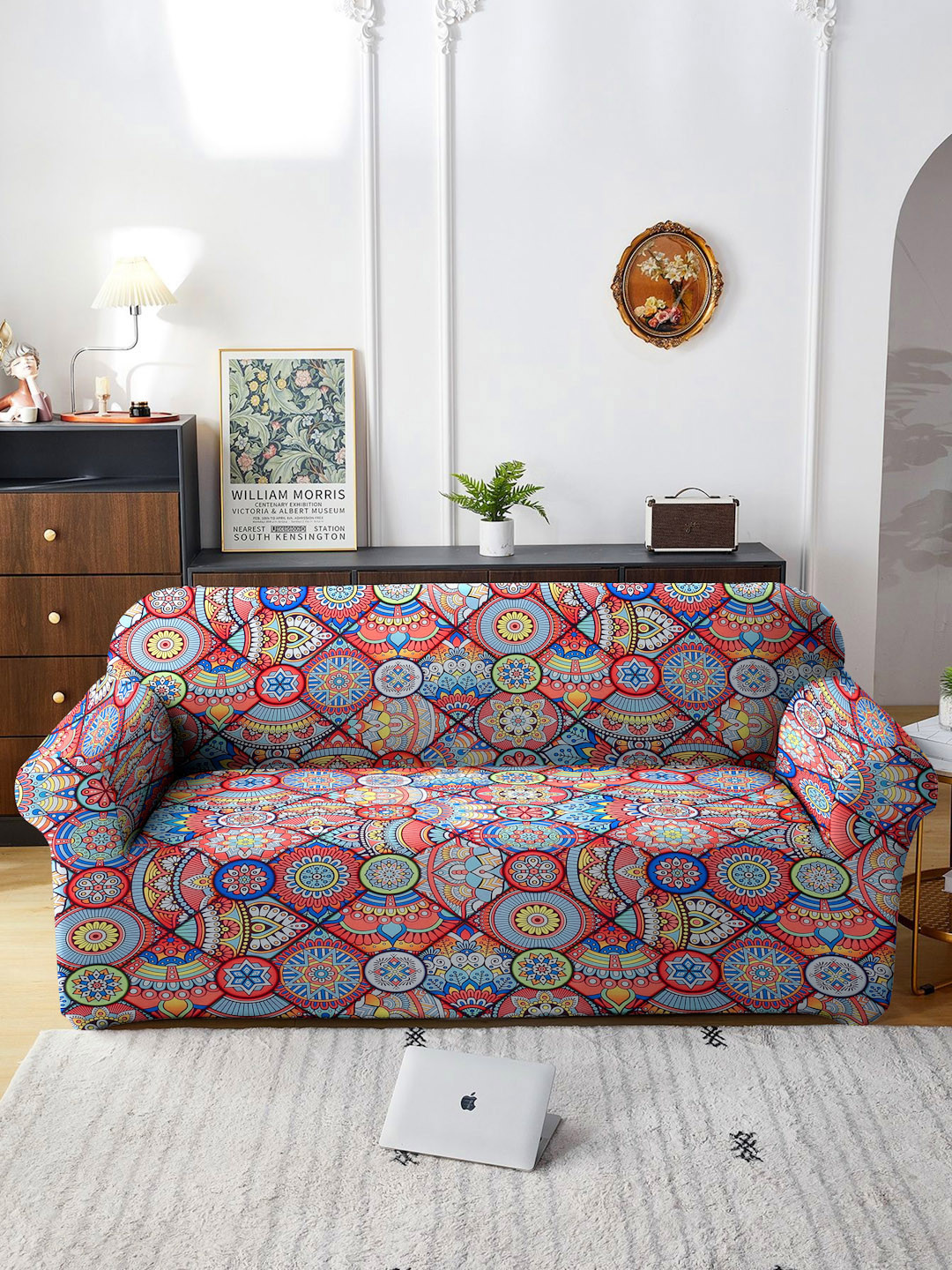 Cortina Orange, Blue & White Ethnic Motifs 3-Seater Printed Sofa Cover