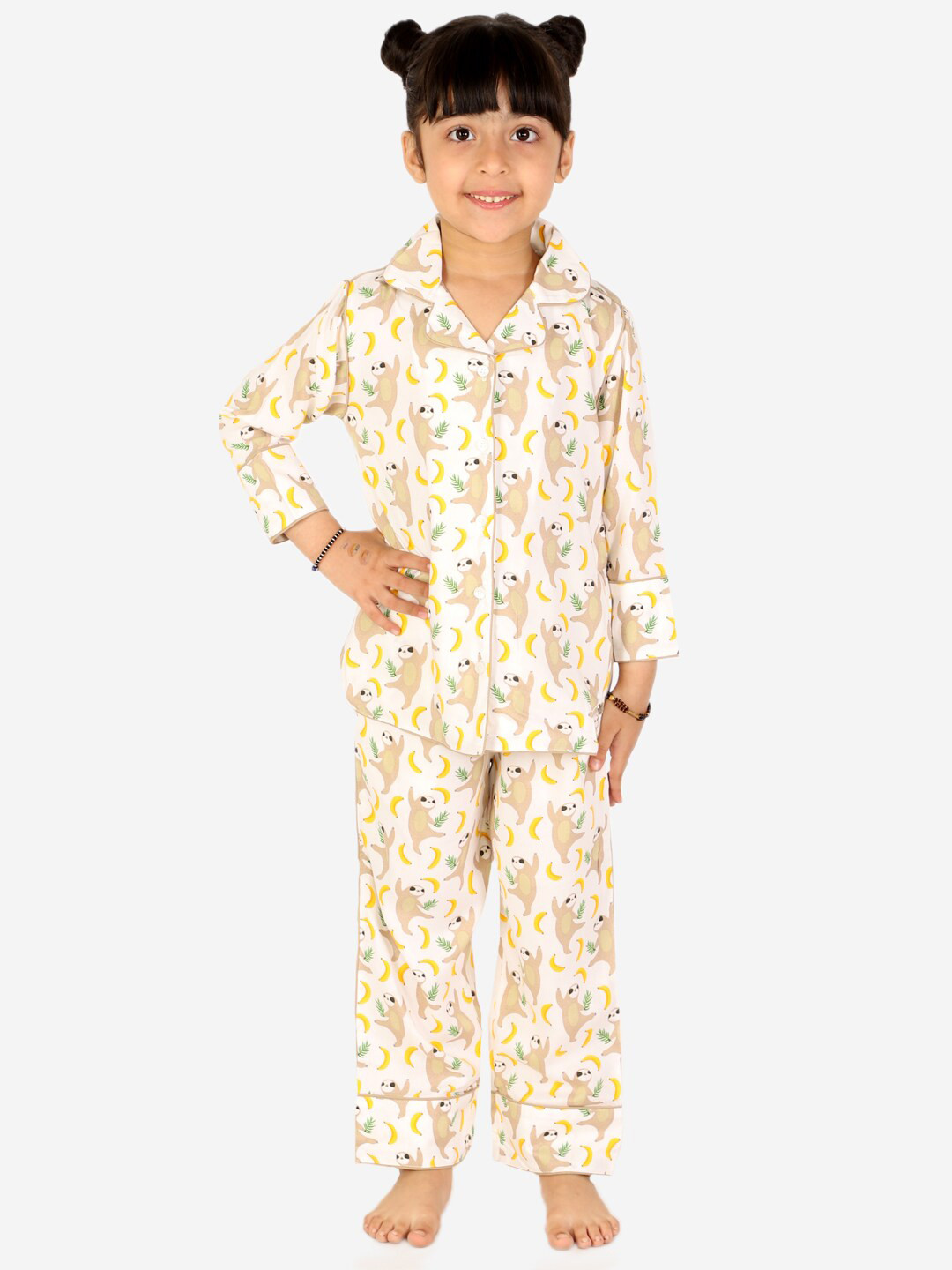 White Dahlia Girls Cream-Coloured & Yellow Printed Night suit