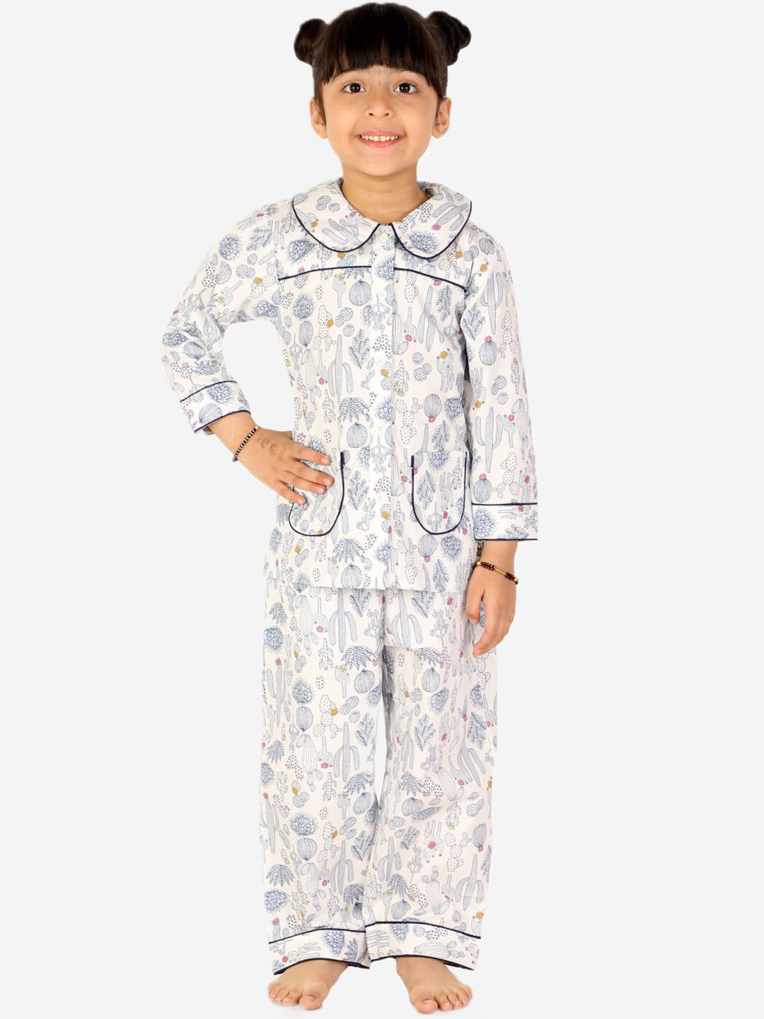 White Dahlia Girls Grey & Blue Printed Night suit