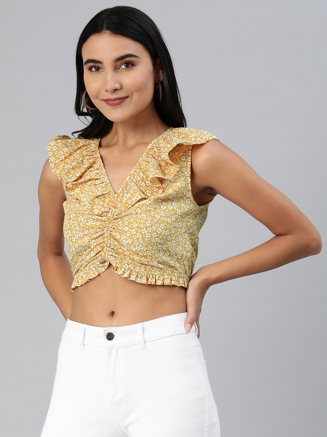 EVERYDAY by ANI Mustard Yellow & White Ditsy Floral Print Ruched Ruffles Crepe Crop Top