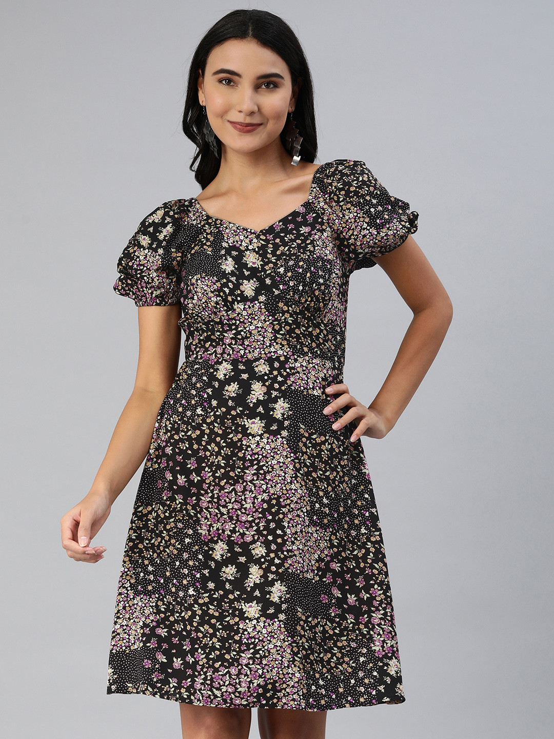 EVERYDAY by ANI Black & Yellow Ditsy Floral Empire Dress