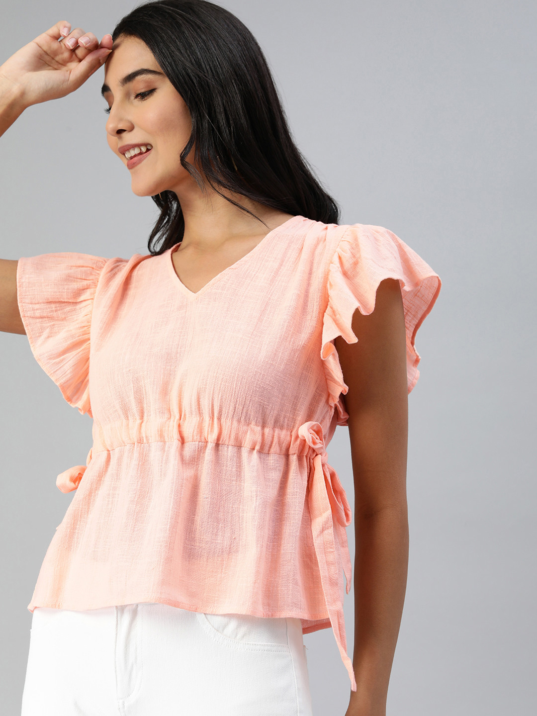 EVERYDAY by ANI Peach-Coloured Self Design Semi-Sheer Top with Tie-Ups & Ruched Detail
