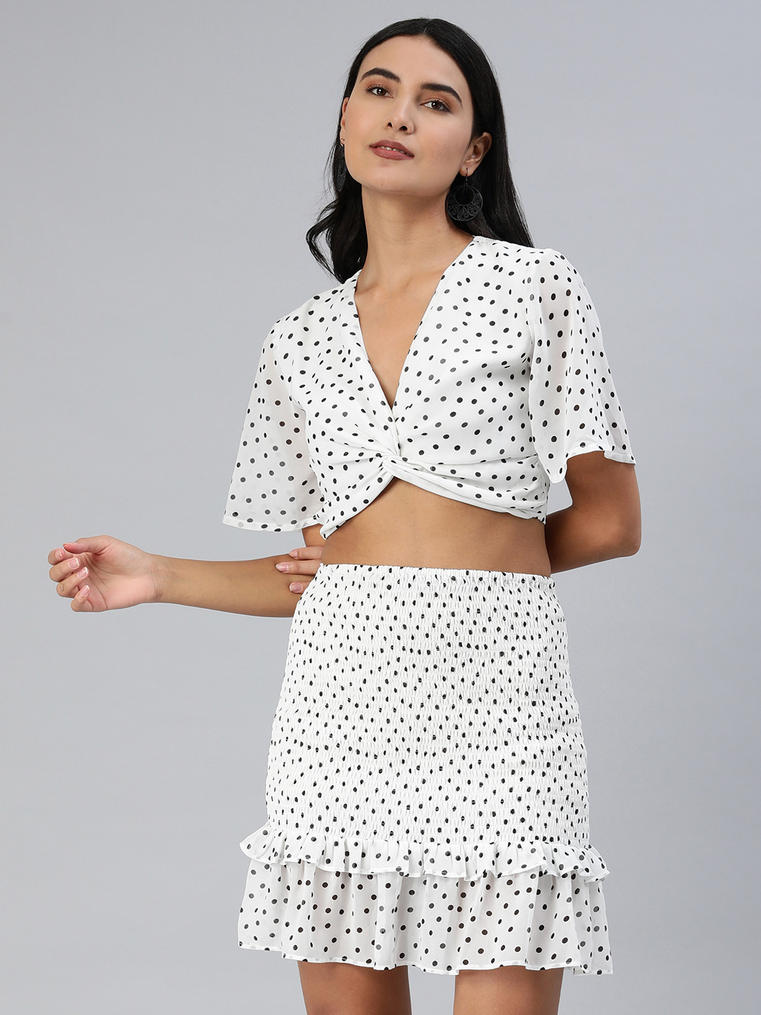 EVERYDAY by ANI Women White & Black Polka Dot Print Top with Skirt
