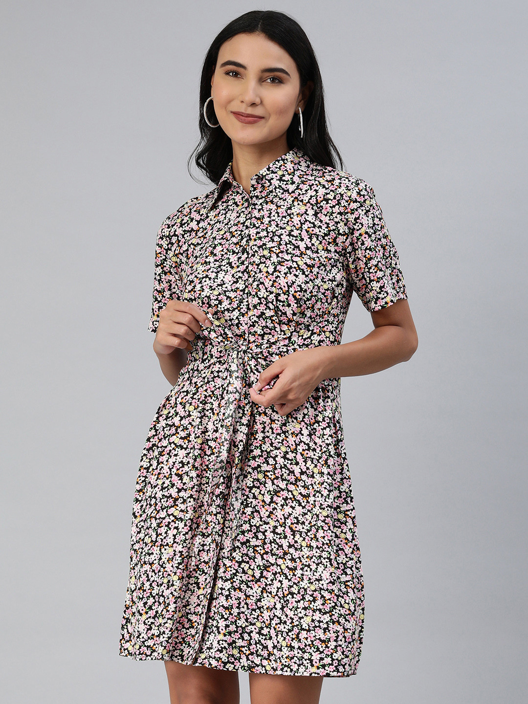 EVERYDAY by ANI Black & Pink Ditsy Floral Print Shirt Dress with Waist Tie-Ups