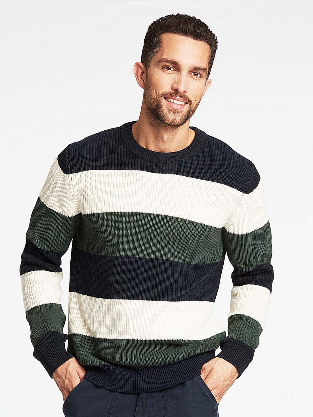 LINDBERGH Men White & Blue Striped  Colourblocked Oraganic Cotton Pullover