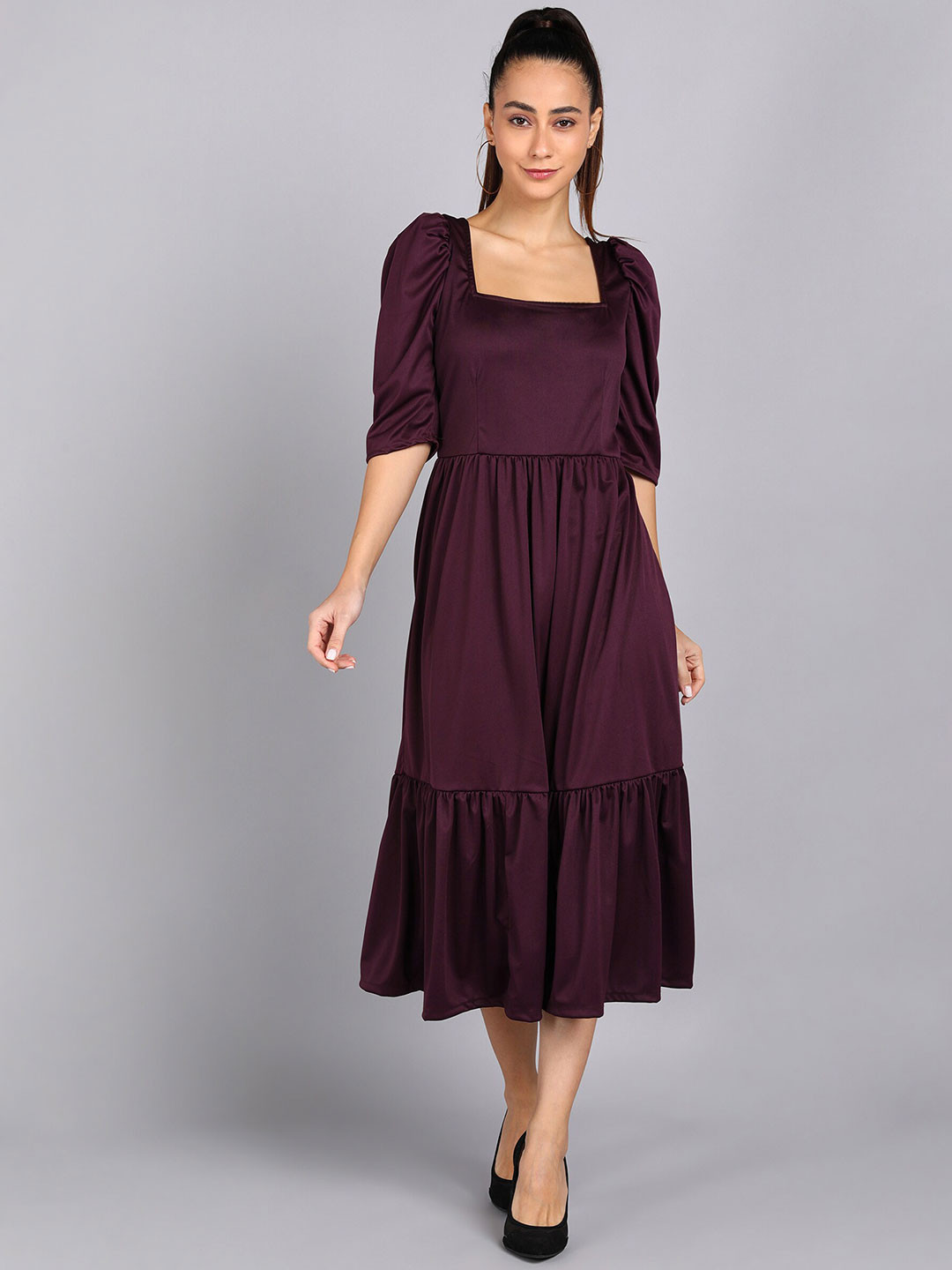 shashvi Women  Purple A-Line Midi Fit and Flare Dress