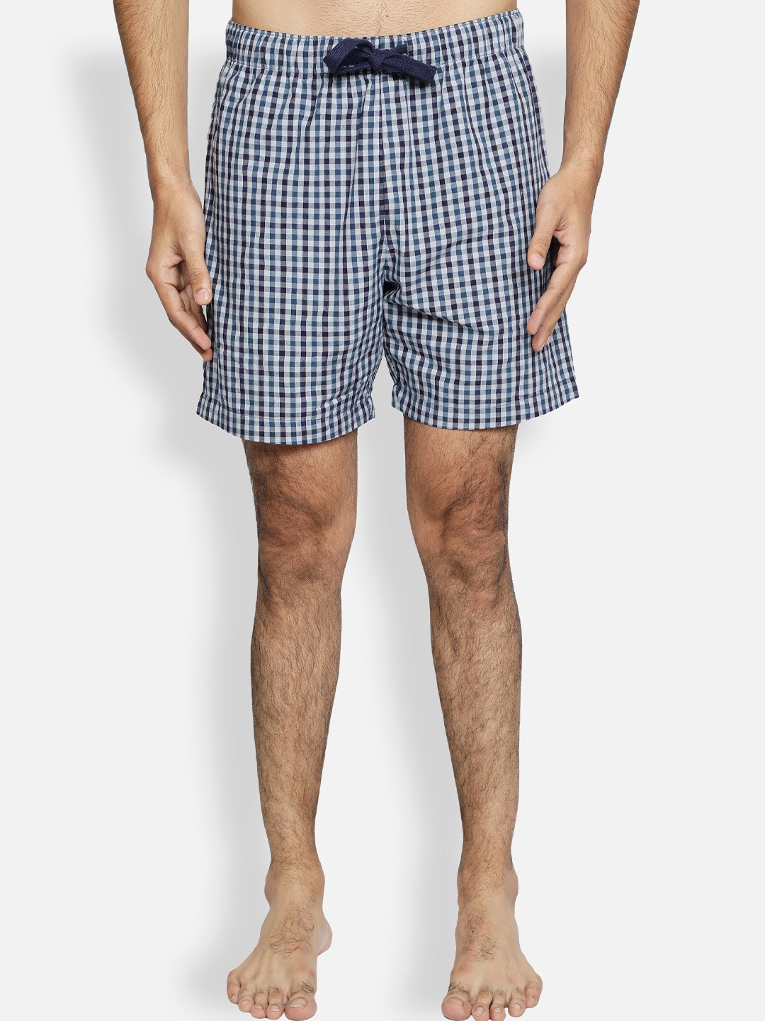 BStories Men Navy Blue & White Checked Lounge Shorts