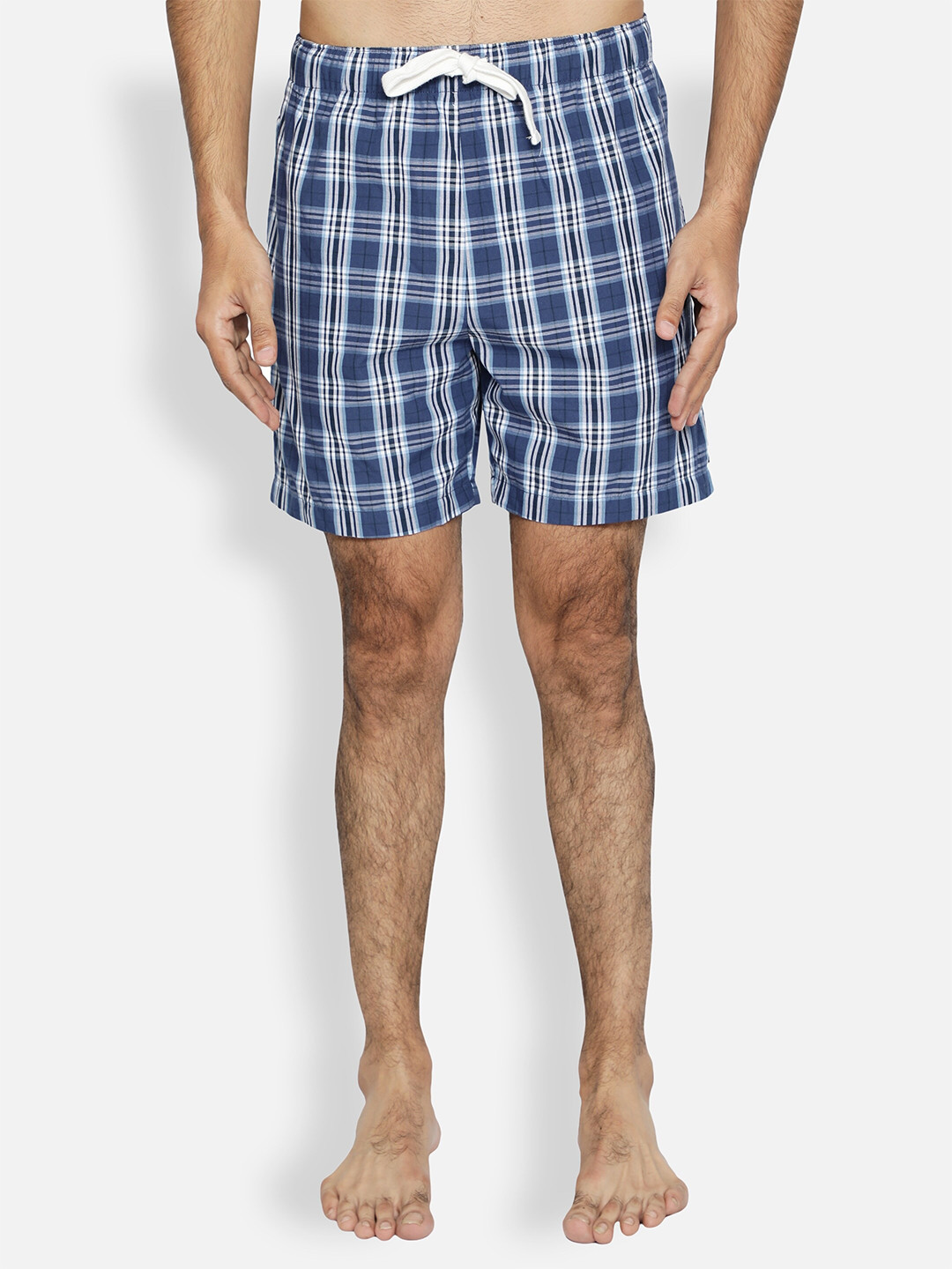 BStories Men Blue & White Checked Lounge Shorts