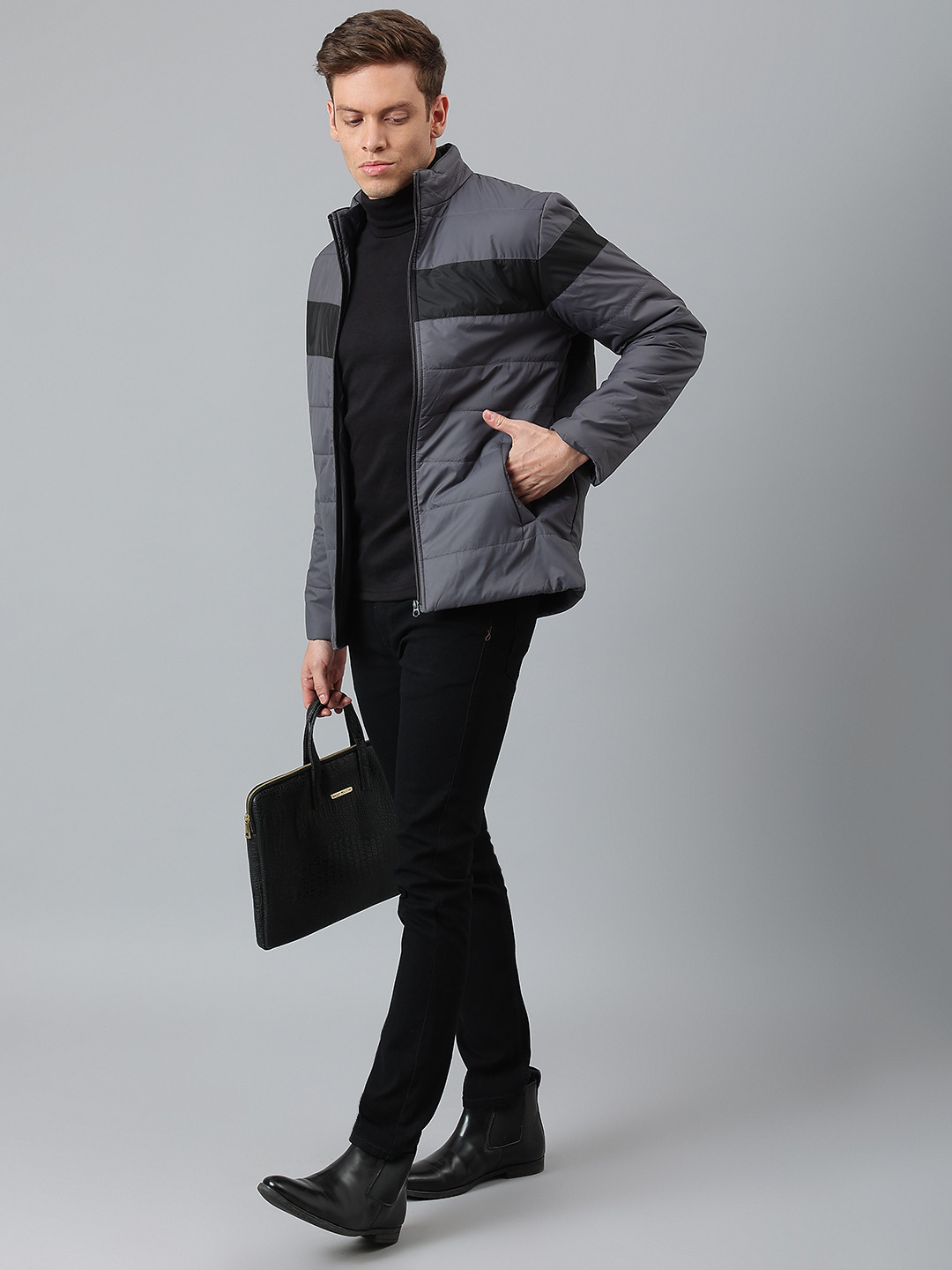 Dennis Lingo Men Charcoal Black Striped Outdoor Puffer Jacket