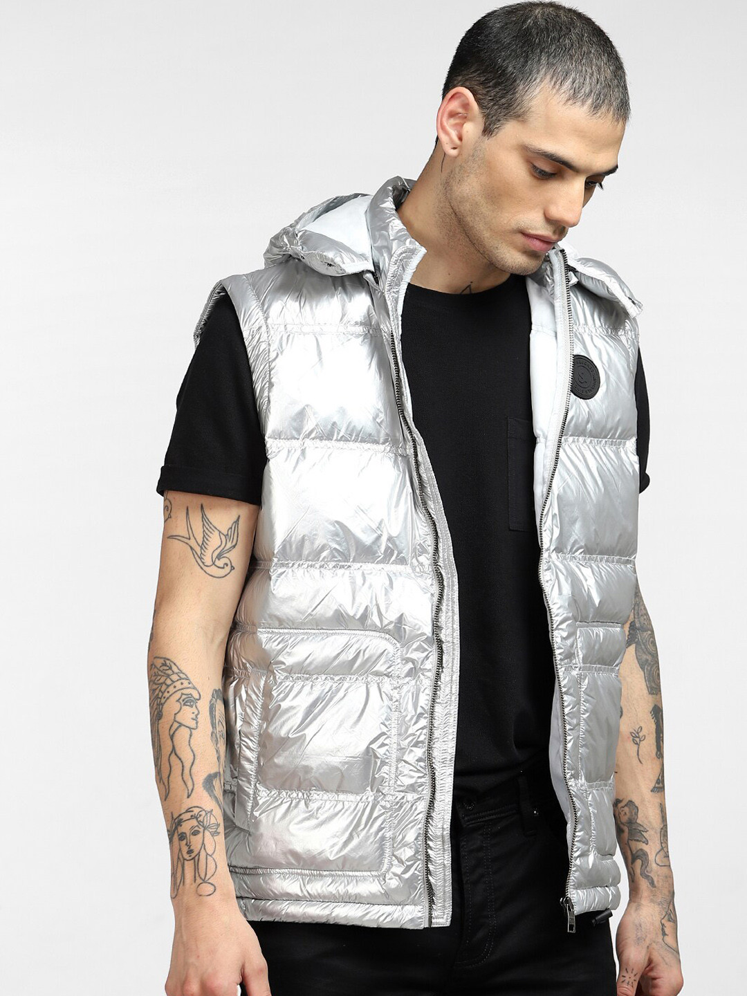 Jack & Jones Men Silver-Toned Solid Padded Hooded Jacket