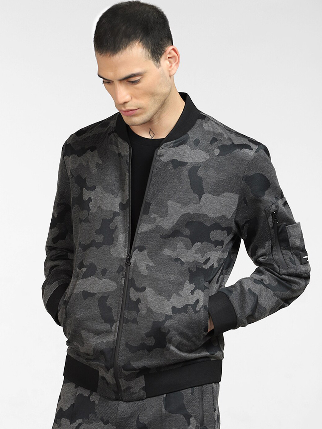 Jack & Jones Men Grey Camouflage Bomber Jacket