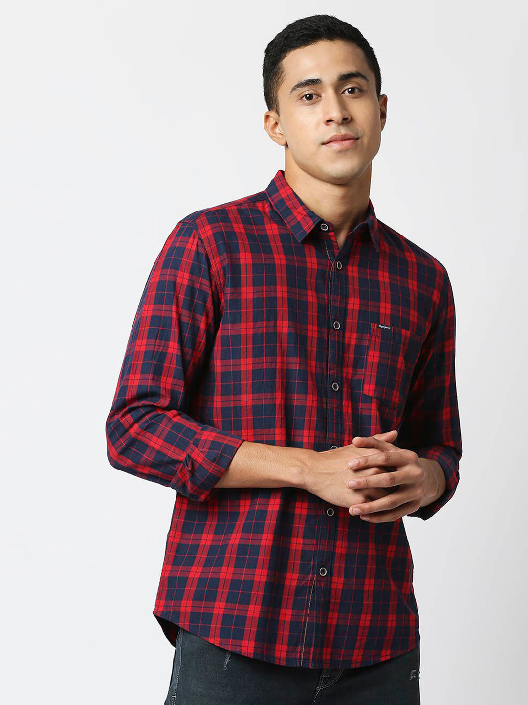 Pepe Jeans Men Navy Blue Tartan Checks Checked Casual Shirt
