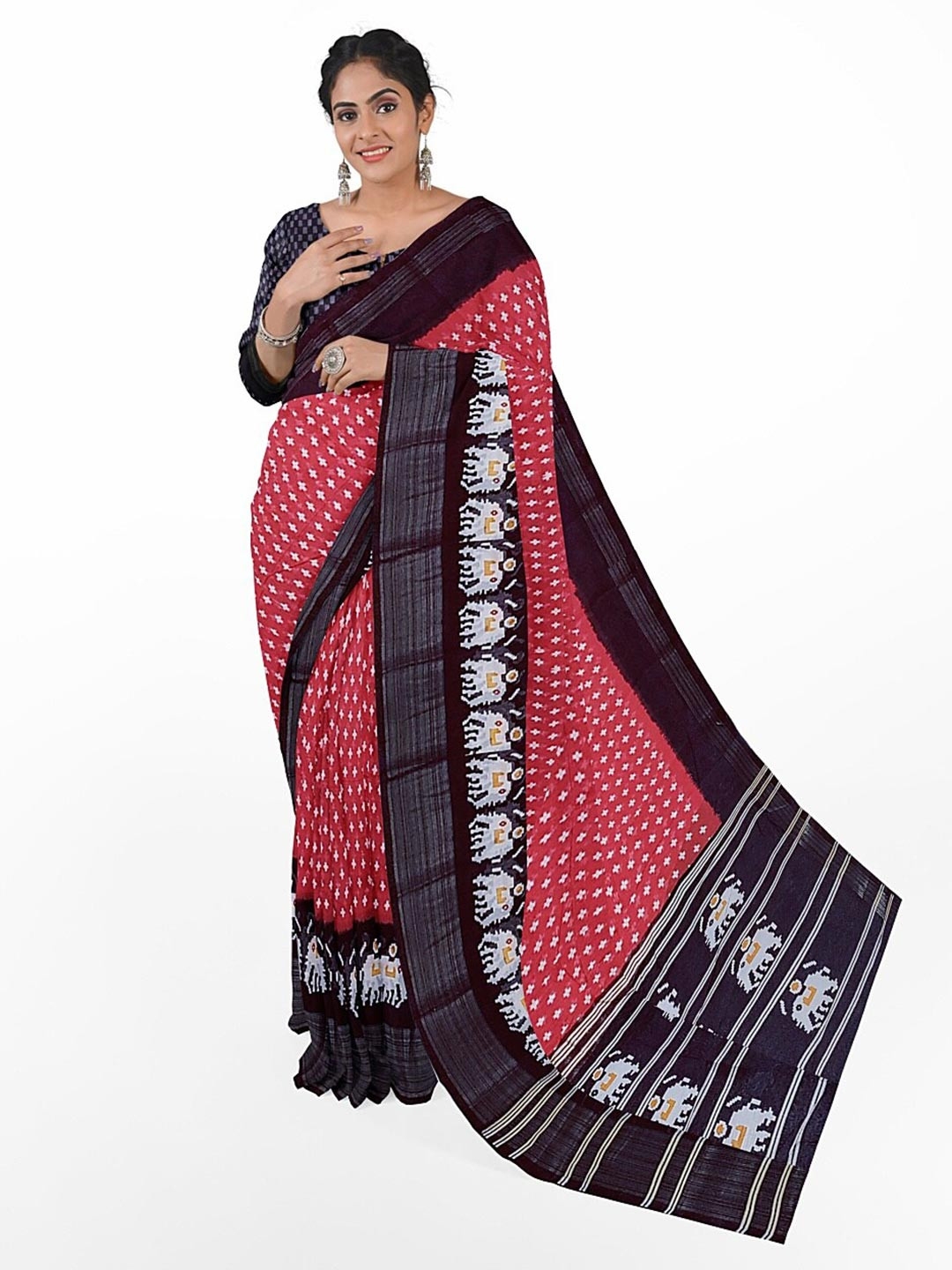 SAADHVI Red & Black Kalamkari Silk Blend  Bhagalpuri Saree