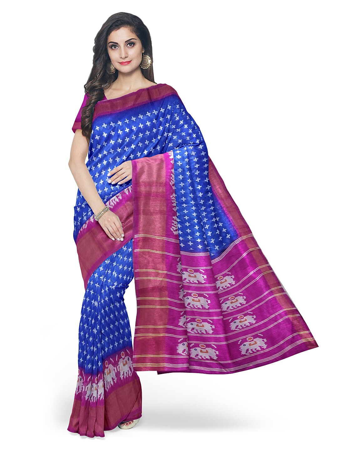 SAADHVI Blue & Pink Kalamkari Zari Silk Blend  Bhagalpuri Saree