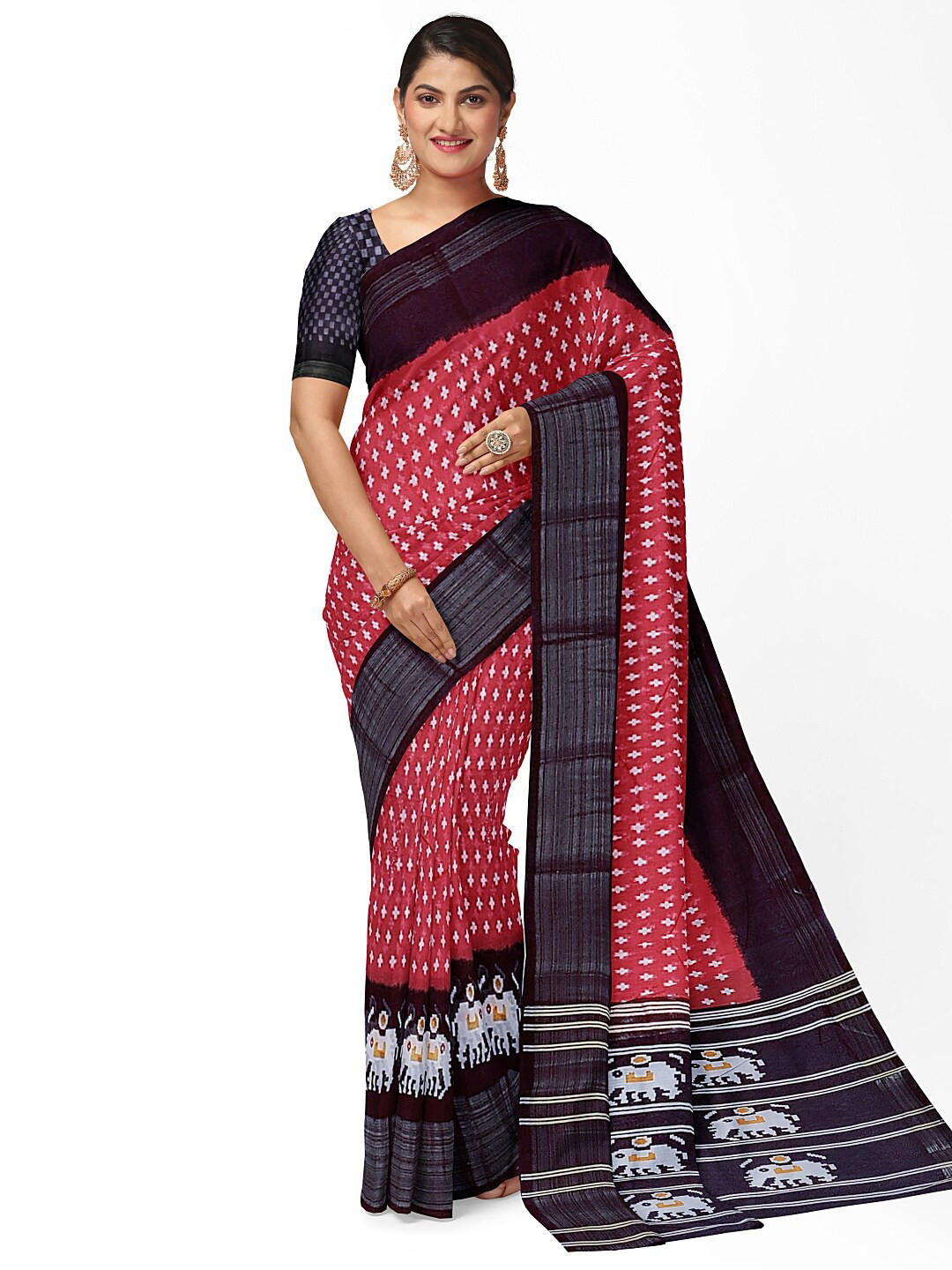 SAADHVI Peach & Black Kalamkari Silk Blend Bhagalpuri Saree