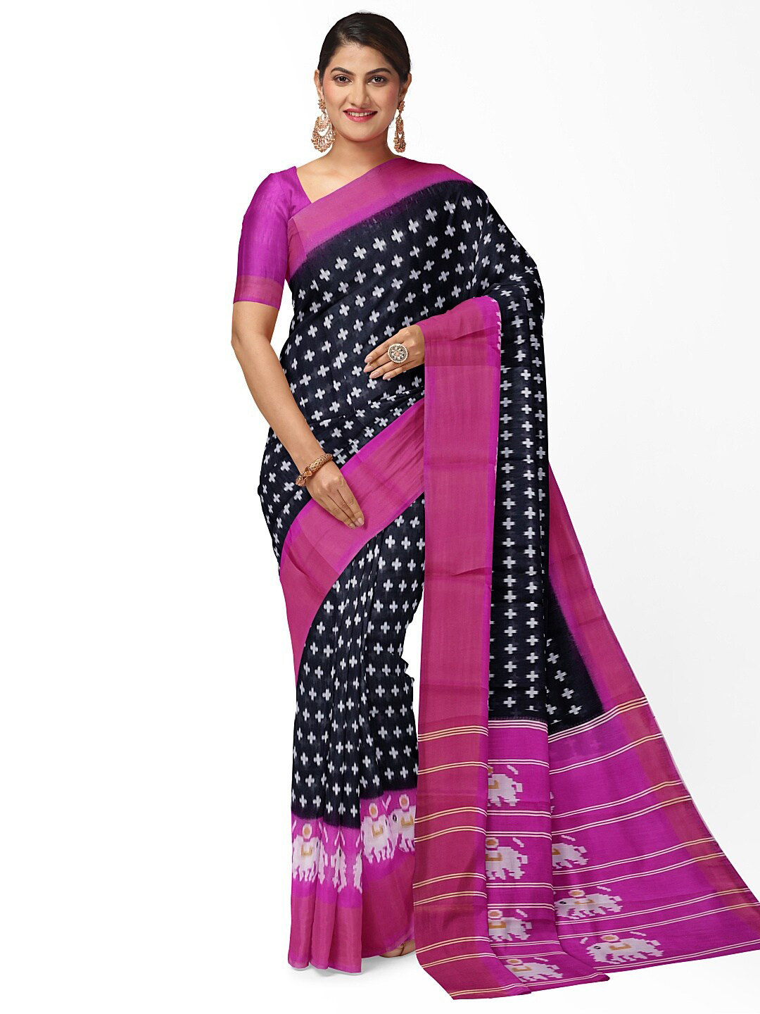 SAADHVI Black & Pink Kalamkari Zari Silk Blend Bhagalpuri Saree