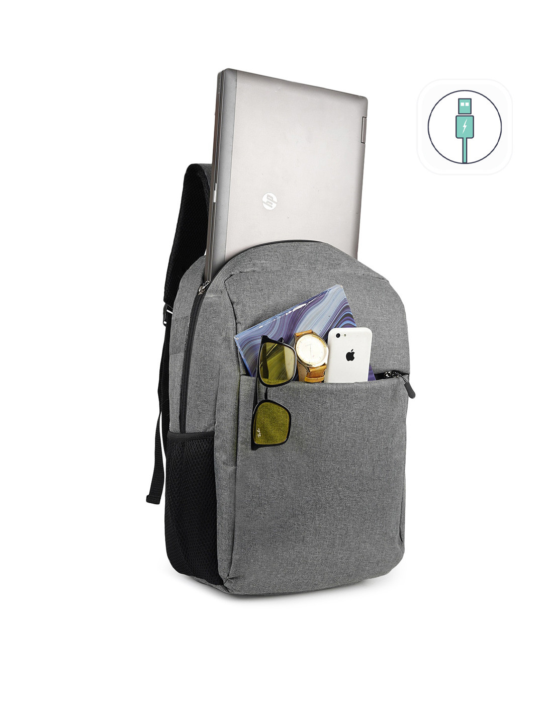 PLAYYBAGS Unisex Grey Laptop Backpack with USB Charging Port
