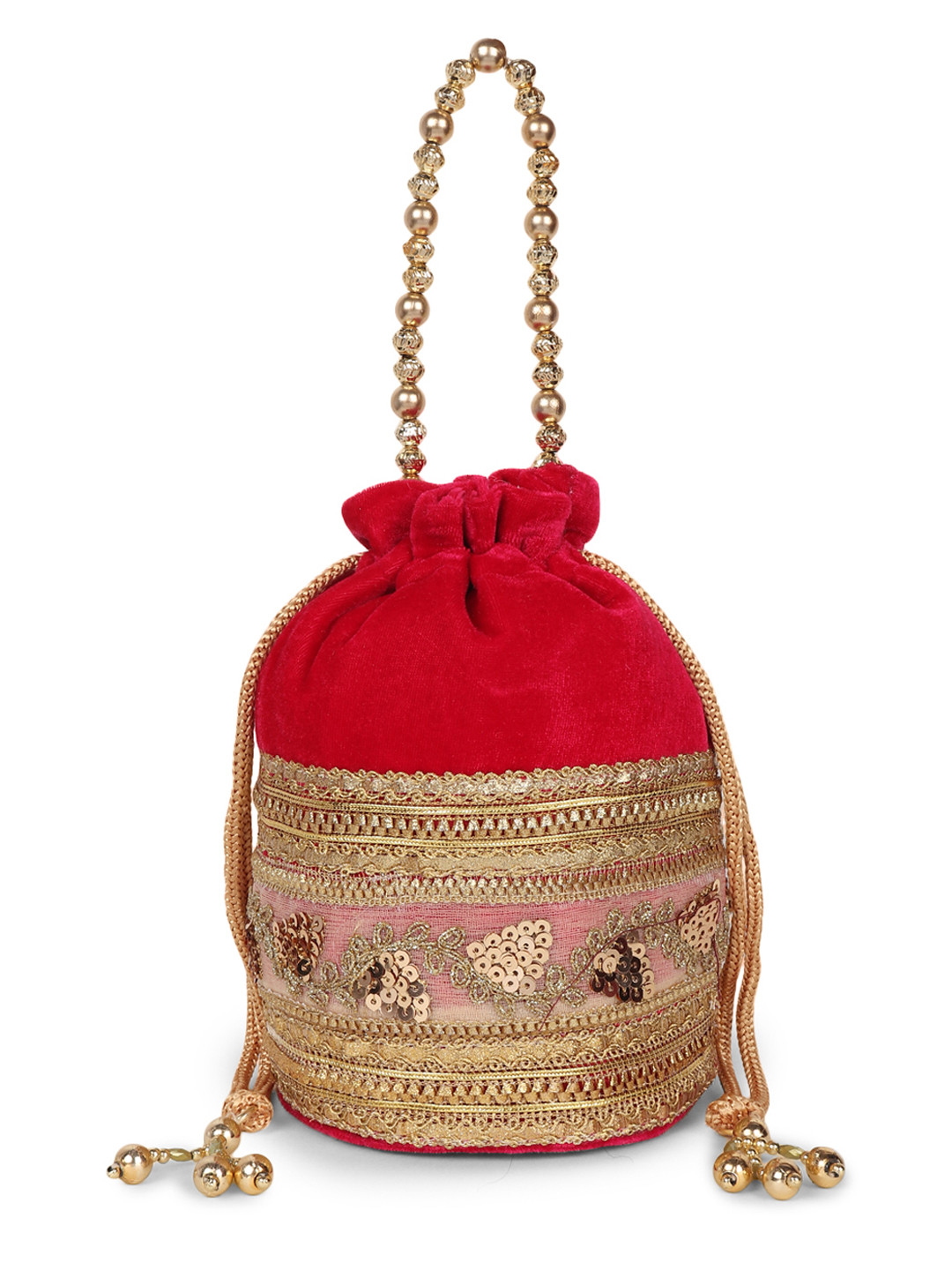 LIKAA Red & Gold Sequins Embellished & Lace Work Potli Clutches