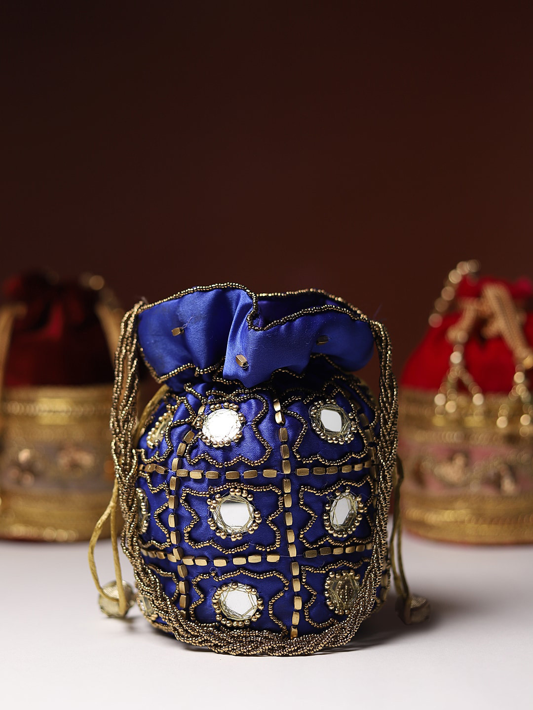 LIKAA Women Blue Mirror Work & Beads Studded Potli Clutche