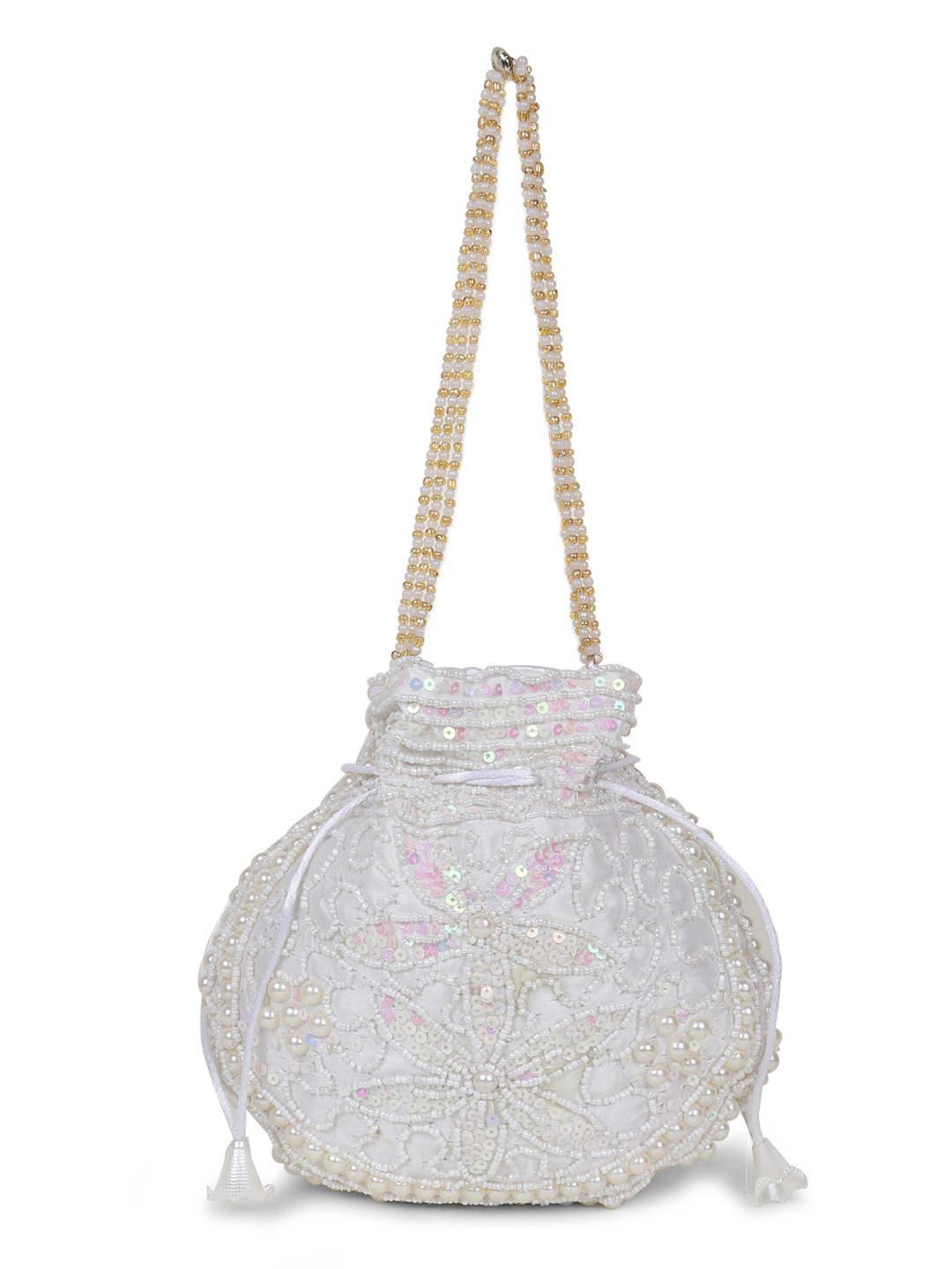 LIKAA Women White Sequins And Pearls Studded Potli Clutche