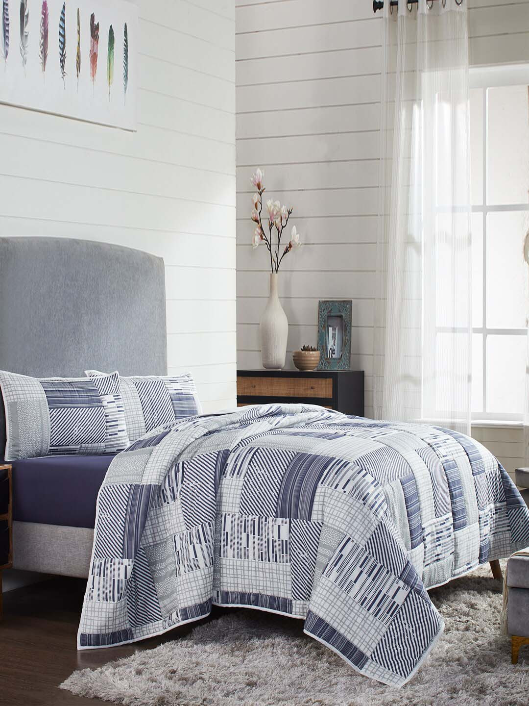 Pano Blue & Grey GSM: 240 Abstract Printed Double King Bedding Set with 2 Pillow Cover