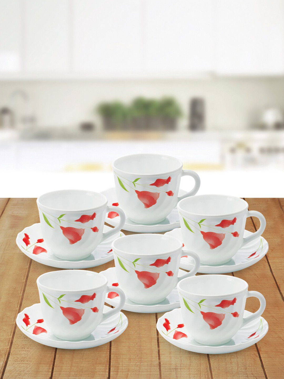 Larah by BOROSIL Diana White & Red Set Of 6 Printed Opalware Cups and Saucers 220 ML