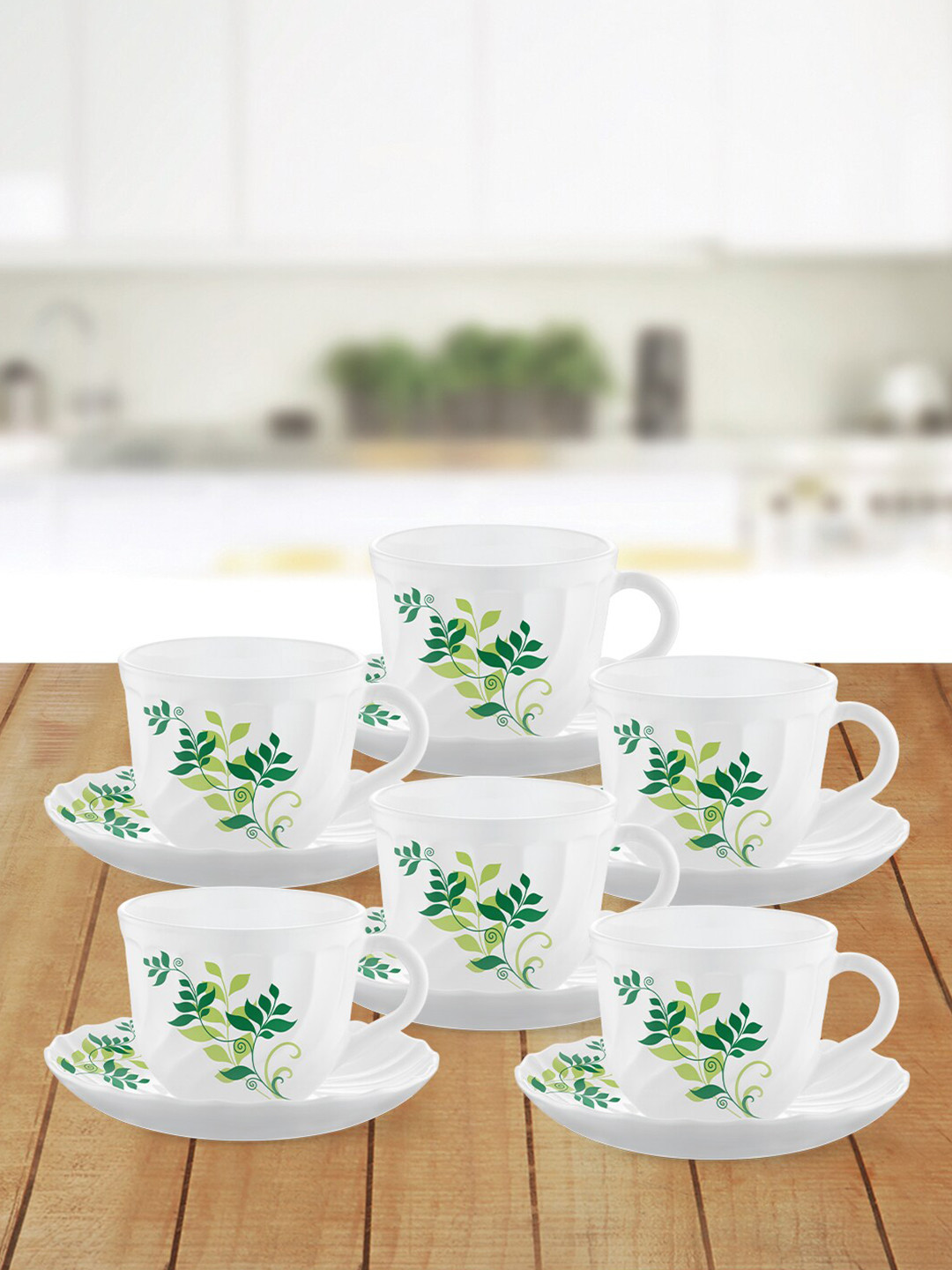 Larah by BOROSIL White & Green Set Of 6 Printed Opalware Glossy Cups and Saucers 220 ML