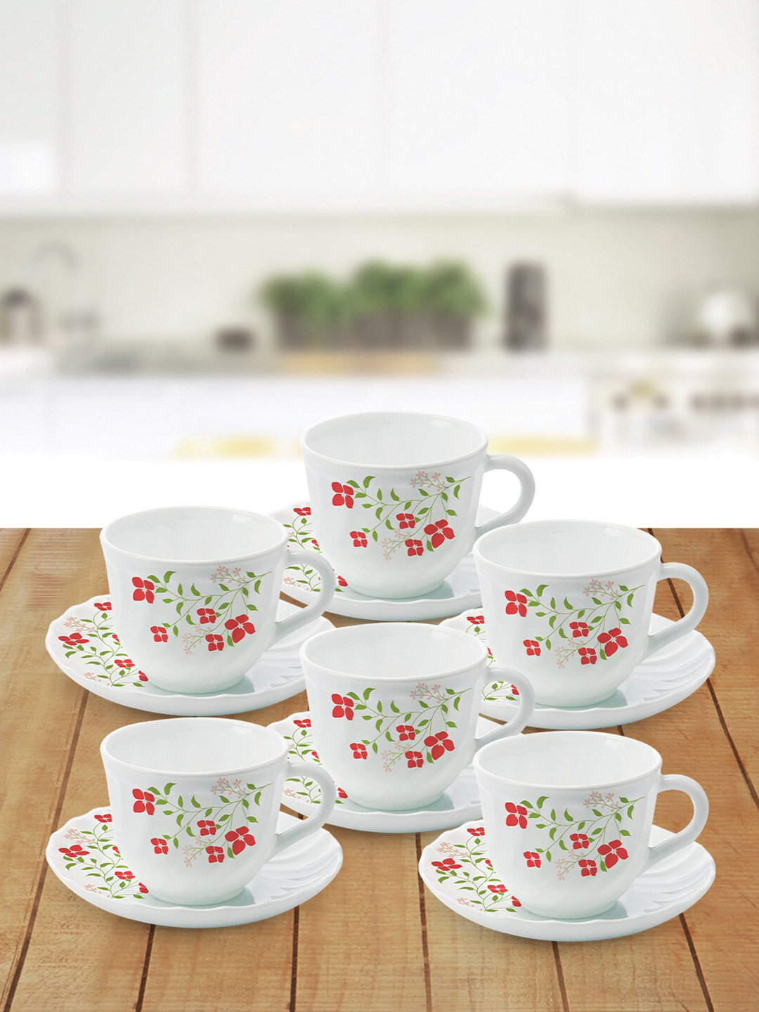 Larah by BOROSIL Janus White & Green Set Of 6 Floral Printed Cups and Saucers 220 ML