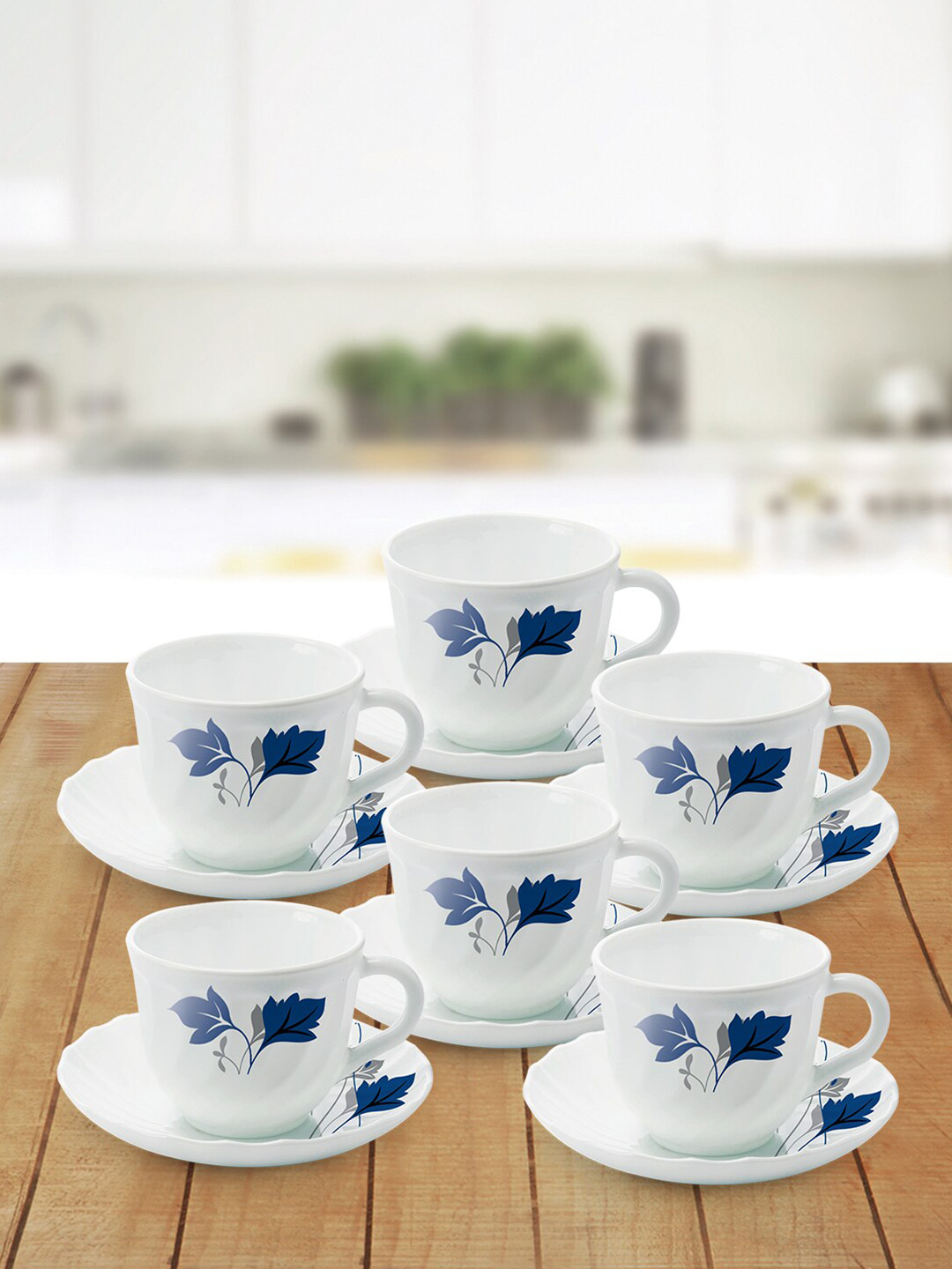 Larah by BOROSIL Ageria White And Blue Set of 6 Printed Opalware Cups and Saucers 220 ML