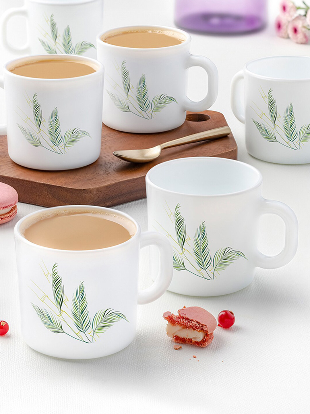 Larah by BOROSIL Breeze White & Green Set Of 6 Printed Opalware Glossy Cups 180 ML