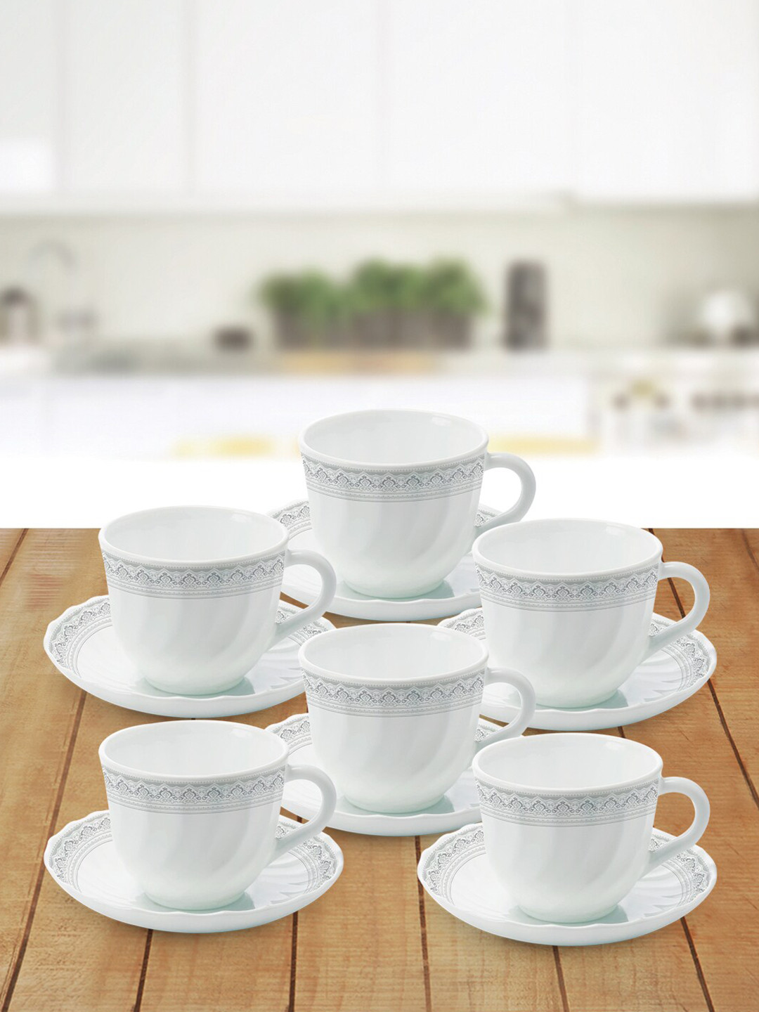 Larah by BOROSIL Classic White & Grey Set of 6  Printed Opalware Cups & Mugs 220 ML Each