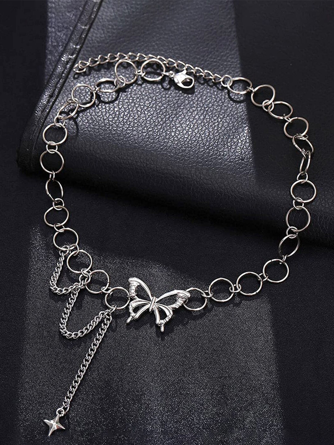 Yellow Chimes Silver Toned Linked Chain With Butterfly Charm Necklace