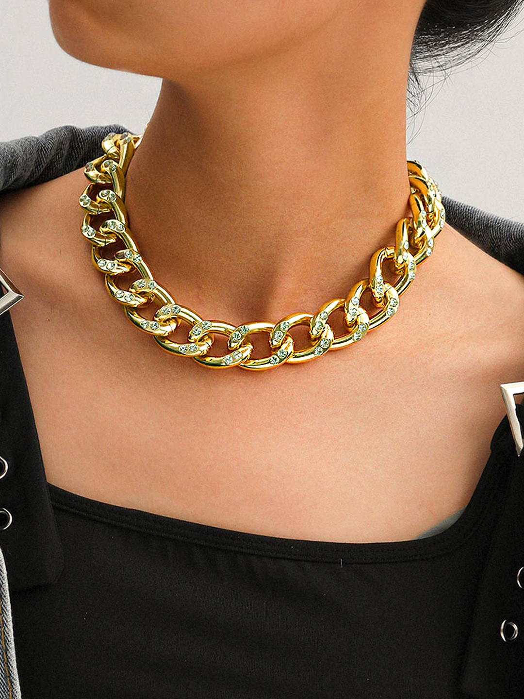 Yellow Chimes Gold Toned Crystal Studded Linked Chain Designed Statement Necklace