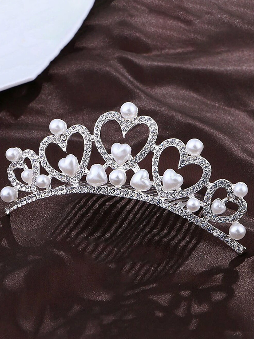 Yellow Chimes Women Silver Toned Pearls Heart Princess Tiara Hair Band