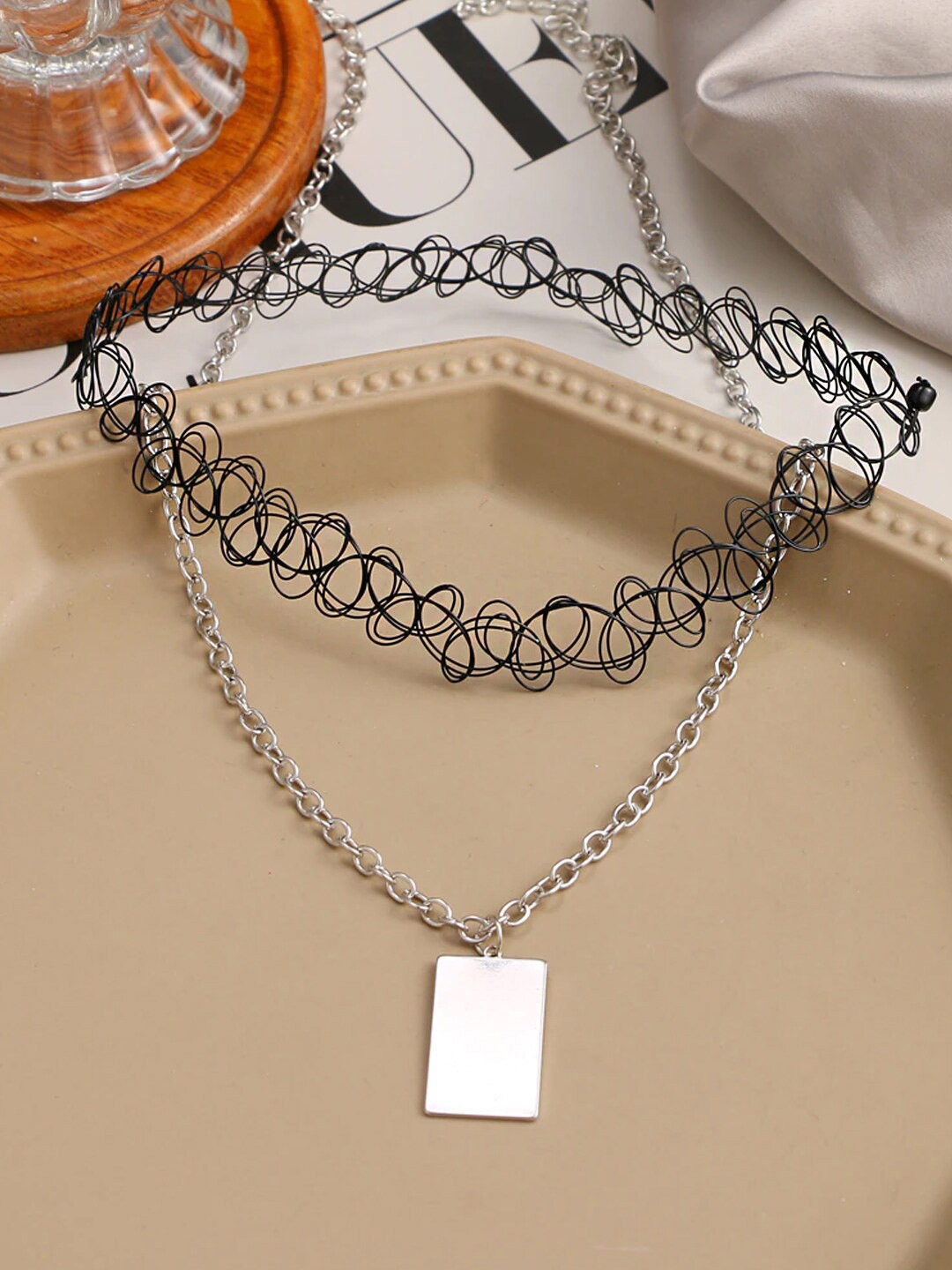 Yellow Chimes Black Spiraled & Long Silver Tone Chain Charm Hanging Necklace