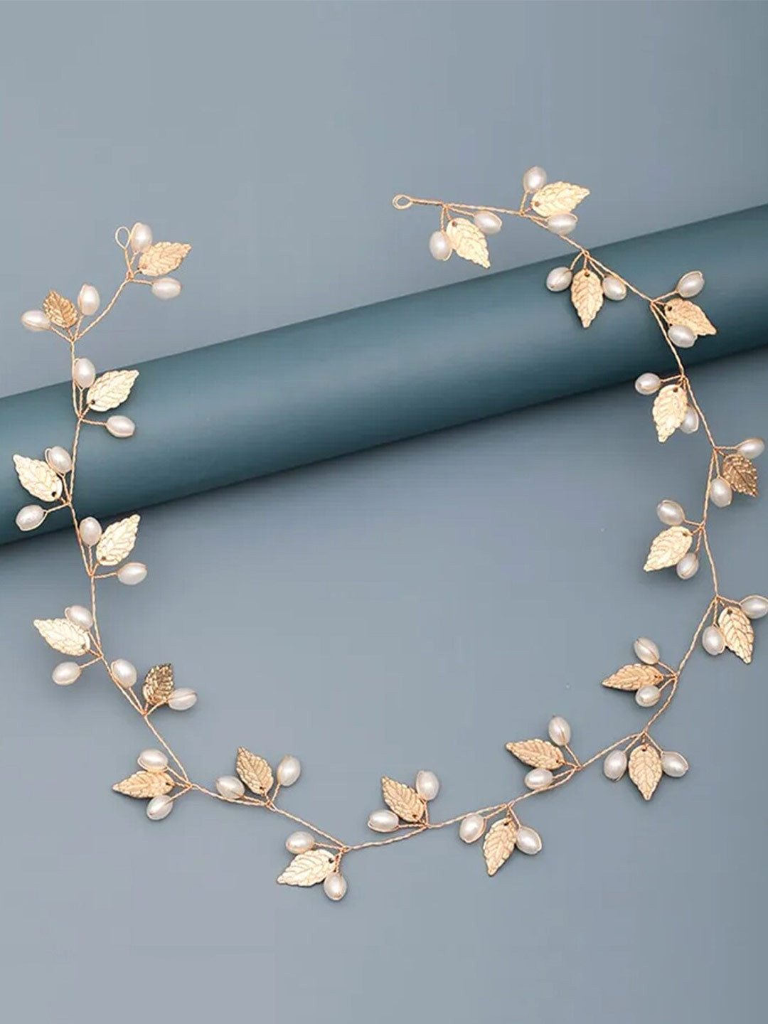 Yellow Chimes Women Gold-Toned White Pearl Leafy Hair Vines