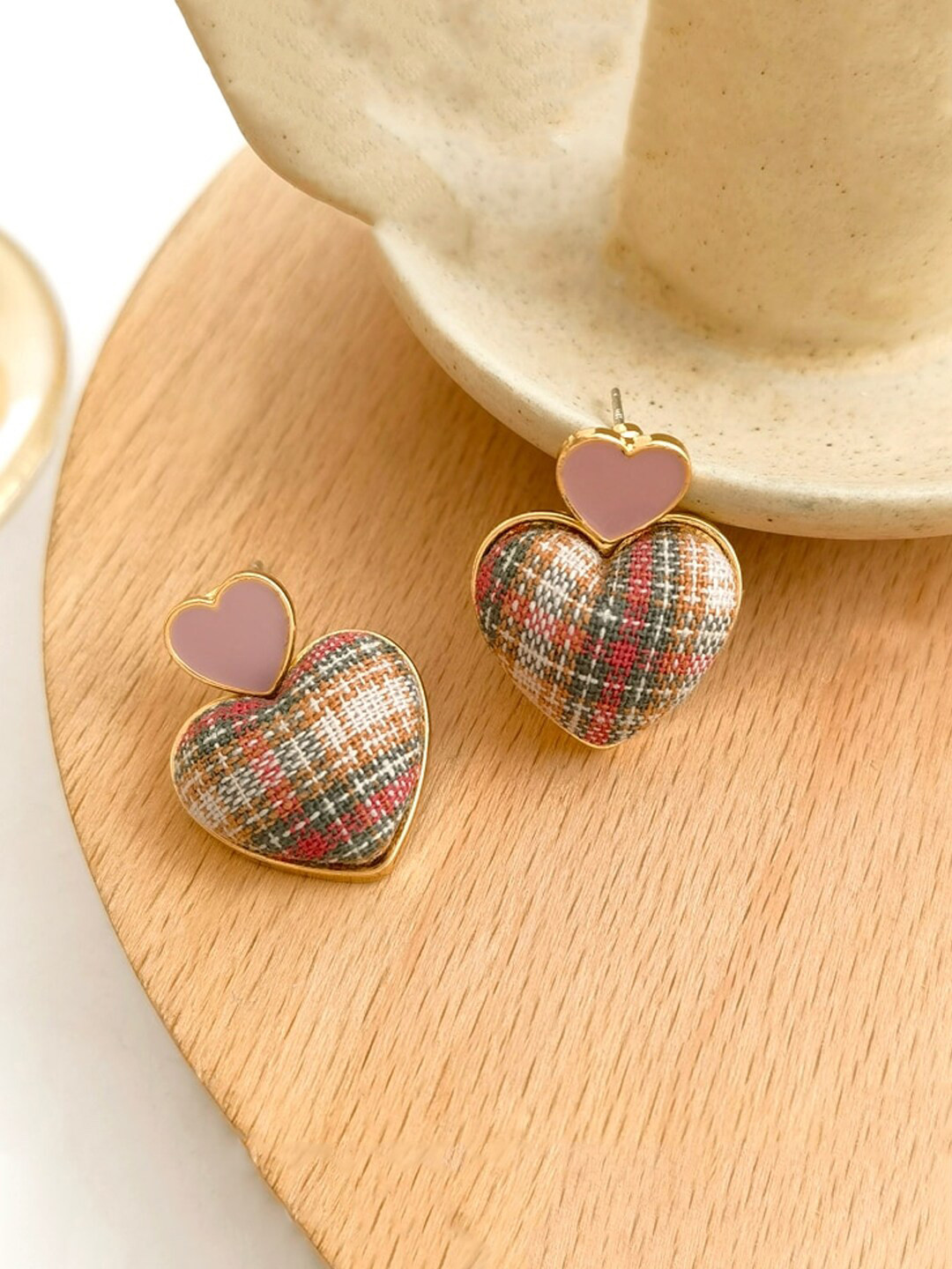 Unwind by Yellow Chimes Gold-Toned Dual Heart Drop Earrings