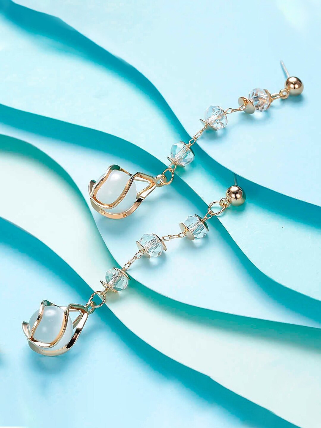 Yellow Chimes White & Gold-Toned Round Crystal Drop Dangle Earrings