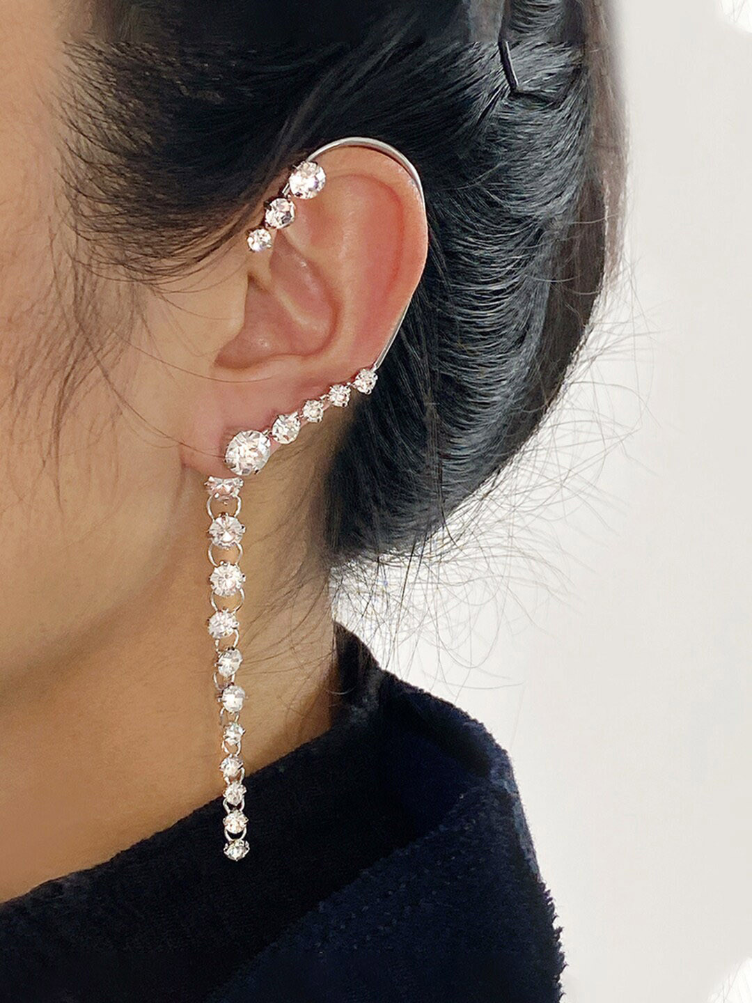 Yellow Chimes Women White & Silver-Toned Crystal Studded Non-Pierced Earrcuffs