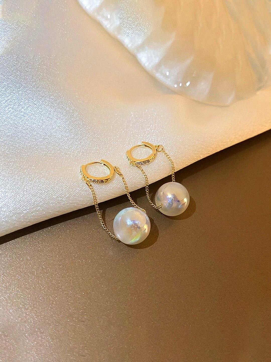 Yellow Chimes Women Gold Toned Small Hoop With Hanging Chain Pearl Drop Earrings