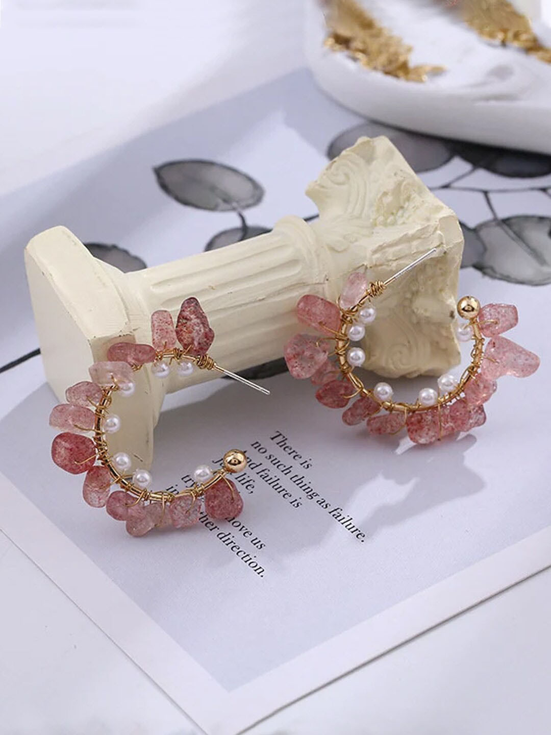 Yellow Chimes Women Pink & Gold-Toned Stone Studded Round Half Hoop Earrings
