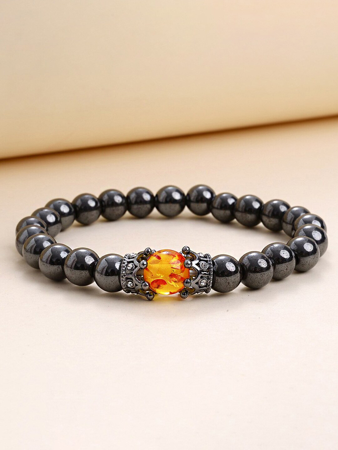 Yellow Chimes Men Black Beaded Stretchable Bracelet