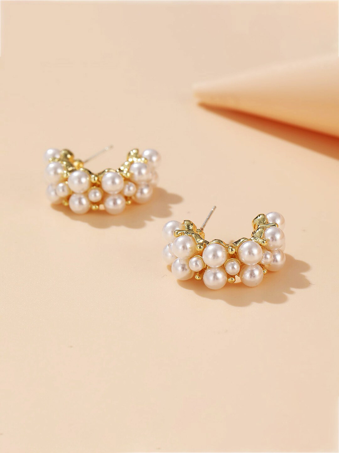 Yellow Chimes Gold-Toned Pearl Studded Hoop Earrings